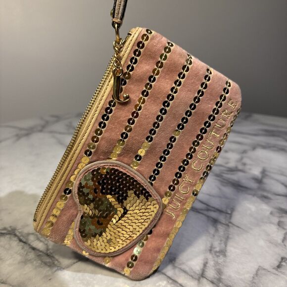 Y2K Juicy Couture Velvet Wristlet Handbag Wallet Pink Rose Gold Valentines Day - Picture 9 of 12